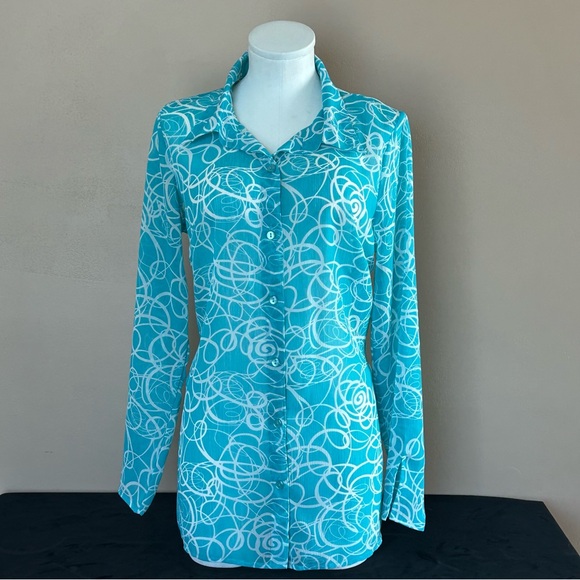 citiknits Tops - Blue and White Notched Collar Long Sleeve Button Down Shirt